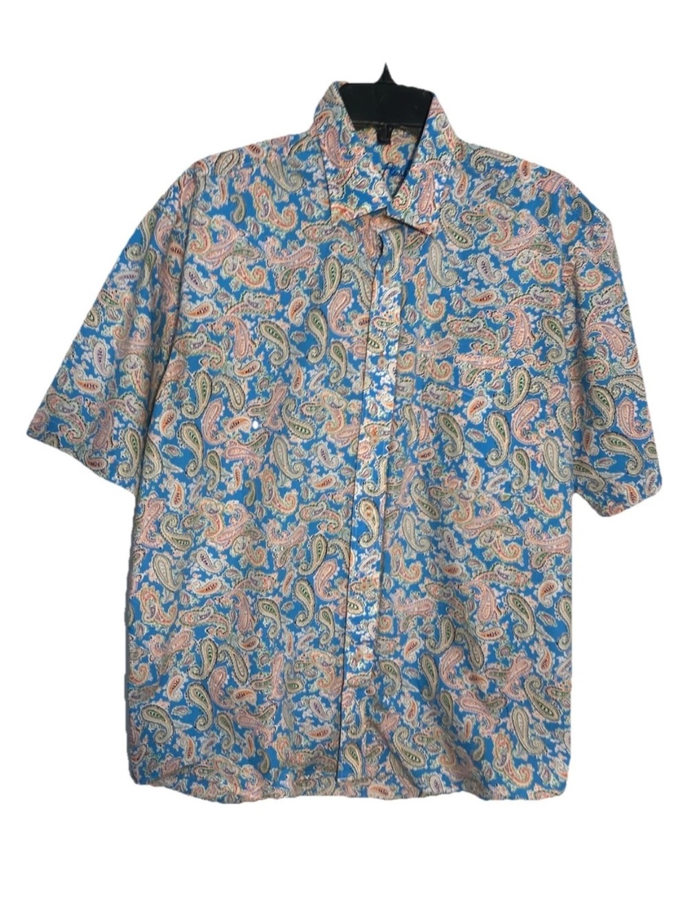 Alan Flusser Men's Blue Paisley Short-Sleeve Button-Up Shirt L